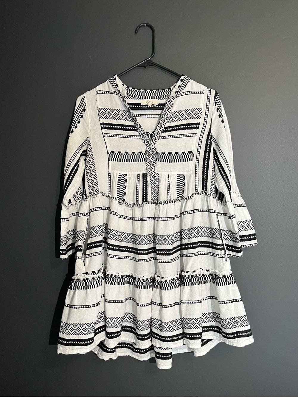 Elan 100% Cotton Boho Tiered Mini Dress XS | Embroidered-Style Print